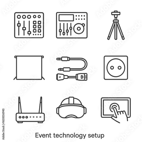 Event Tech Icon Grid. Outline icon set of Event Technology Setup: sound mixer, lighting control, tripod, green