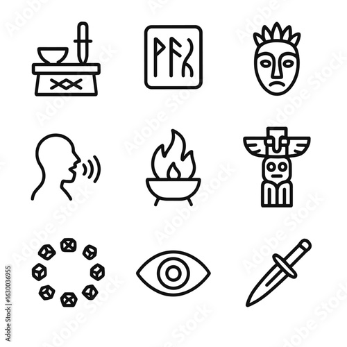 Mythical Ritual Icons. Outline icon set of mythical rituals: sacrifice altar, ancient runes, ceremonial mask, mystical chant,