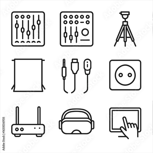 Event Tech Icon Grid. Outline icon set of Event Technology Setup: sound mixer, lighting control, tripod, green