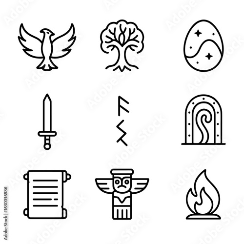 Mythological Icons Grid. Outline icon set of mythological origin: phoenix, world tree, cosmic egg, legendary sword, ancient scroll
