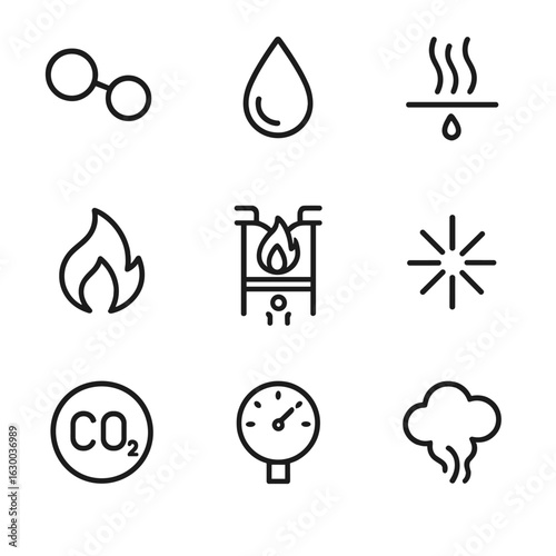 Combustion Process Icons. Outline icon set of ignition and combustion process: oxygen molecule, fuel droplet, heat source, flame,