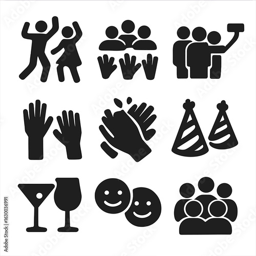 Event Icon Set. Solid, filled icons set of Event attendees: dancing people, audience, group selfie, cheering