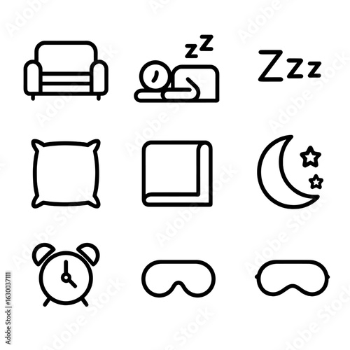 Napping Icons Set. Outline icon set of napping: couch, sleeping person, Zzz, pillow, blanket, moon, stars, alarm clock, sleep mask