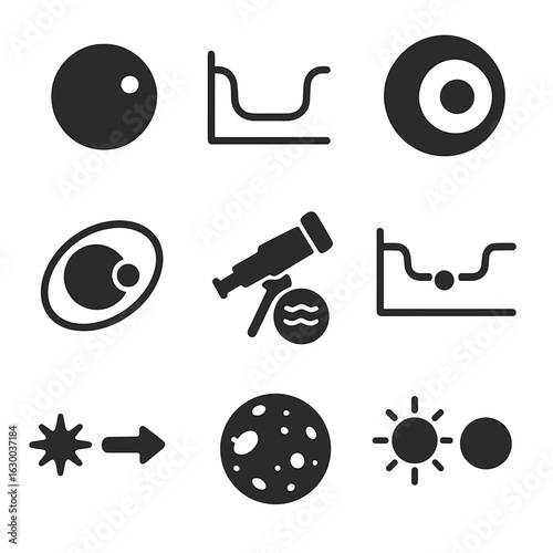 Exoplanet Exploration Icons. Solid, filled icons set of exoplanet exploration via telescopes: distant planet