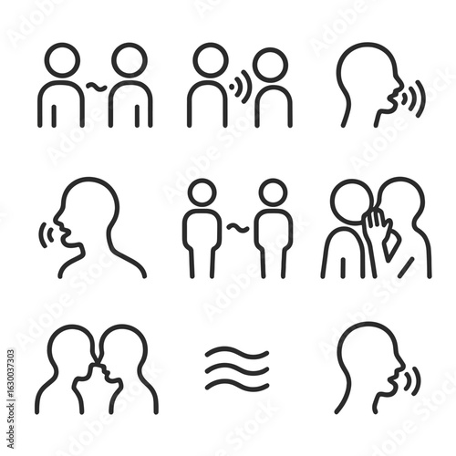 Communication Icon Set. Outline icon set of hum in communication: soft-spoken conversation, quiet chatter, background noise,