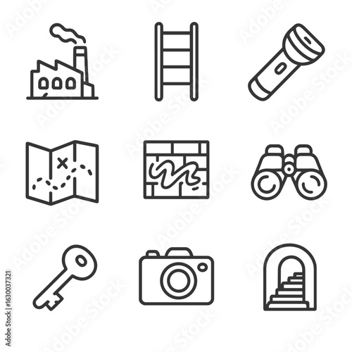 Exploration Icon Set. Outline icon set of exploring forgotten places: abandoned factory, ladder, flashlight,