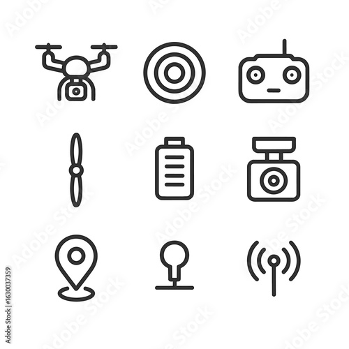 Drone Icon Set. Outline icon set of drone camera basics: quadcopter drone, camera lens, remote controller, propeller, battery pack
