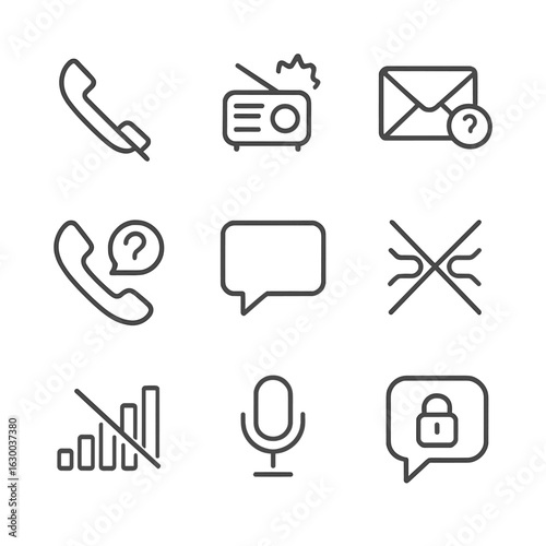 Communication & Destiny Icons. Outline icon set of unknown communication: silent phone, broken radio, unread letter, unknown