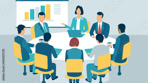 Illustration of business meeting with eight people around a table and a presentation on the wall