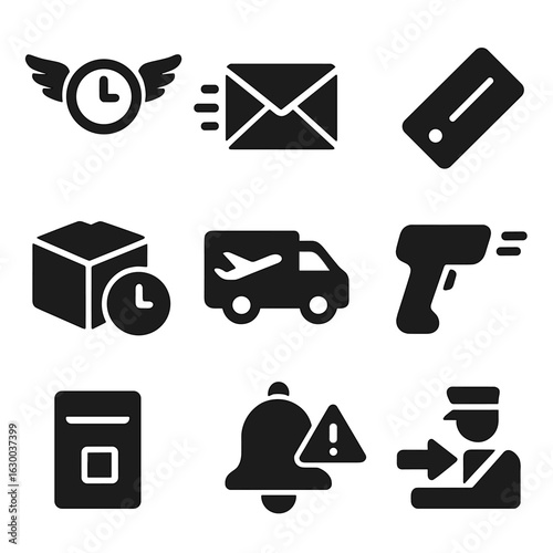 Express Air Freight Icons. Solid, filled icons set of express air freight services: clock with wings, express