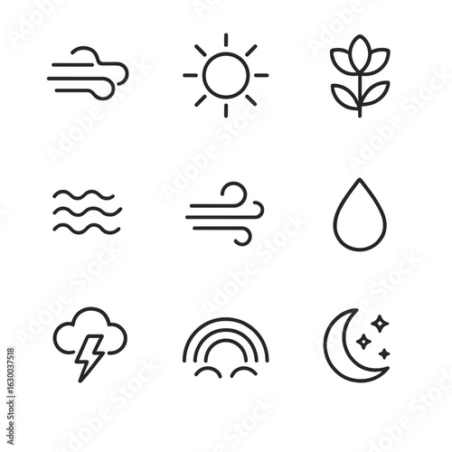 Nature and Magic Icons. Outline icon set of nymph natural phenomena: mist, sunlight rays, blooming flower, flowing water, breeze,