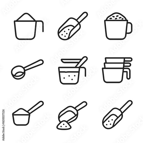 Dry Ingredient Icons. Outline icon set of dry ingredient measuring: flour cup, sugar scoop, rice measure, measuring spoon,