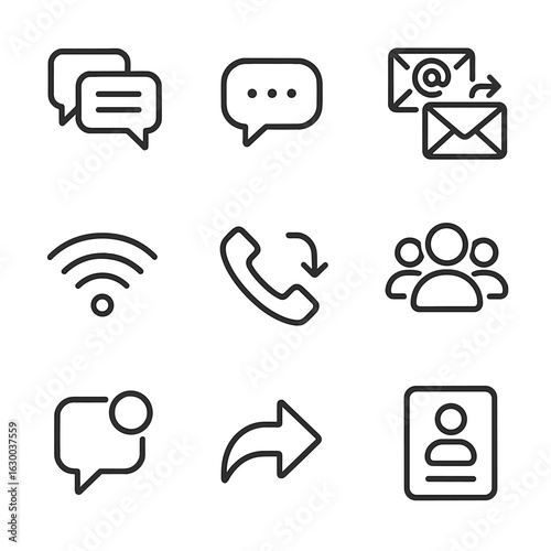 Communication Icons Grid. Outline icon set of trace in communication: message thread, chat bubble, email chain, signal waves, call