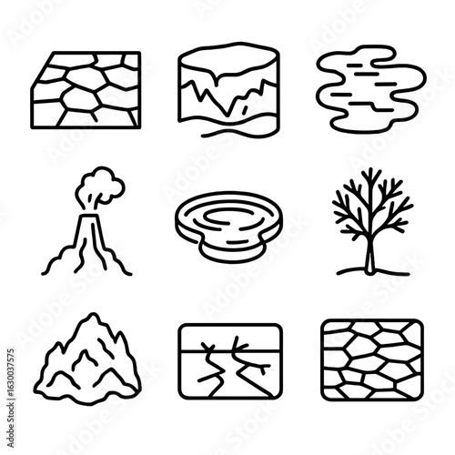 Extreme Biomes Icon Set. Outline icon set of biomes with extreme conditions: salt pan, ice sheet, mud flat,