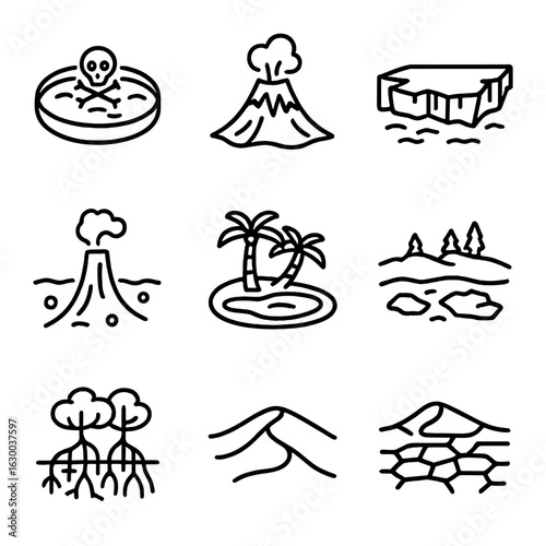 Extreme Environment Icons. Outline icon set of extreme environments: acid lake, volcanic crater, ice shelf,