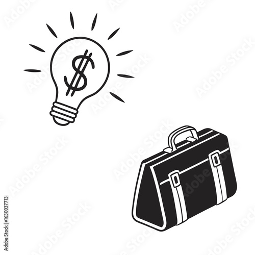 Minimalist vector illustration of business briefcase with lightbulb and dollar sign for financial ideas and investments