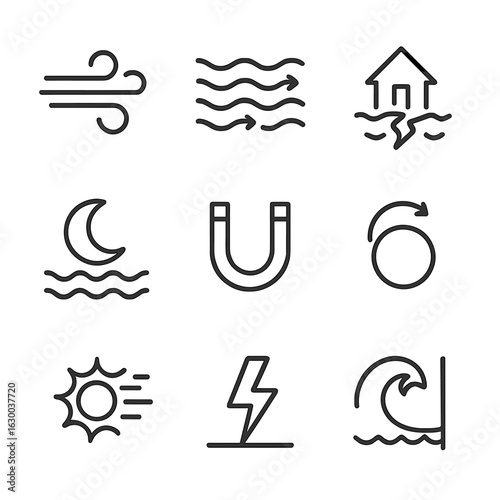 Nature Forces Icons. Outline icon set of forces in nature: wind force, water current, earthquake shock, tidal force, magnetic