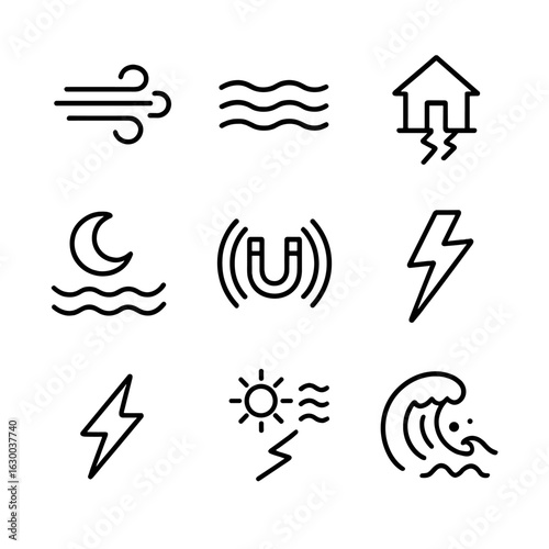 Nature Forces Icons. Outline icon set of forces in nature: wind force, water current, earthquake shock, tidal force, magnetic