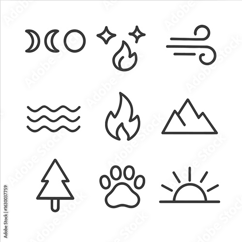 Nature Icons Grid. Outline icon set of intuitive nature: moon phases, stars, wind, water waves, fire spark, mountain, tree, animal