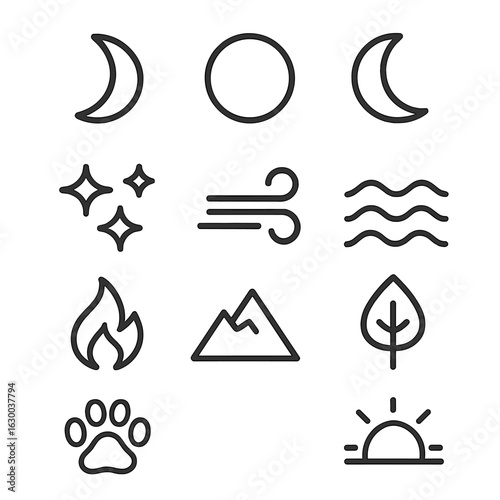 Nature Icons Grid. Outline icon set of intuitive nature: moon phases, stars, wind, water waves, fire spark, mountain, tree, animal