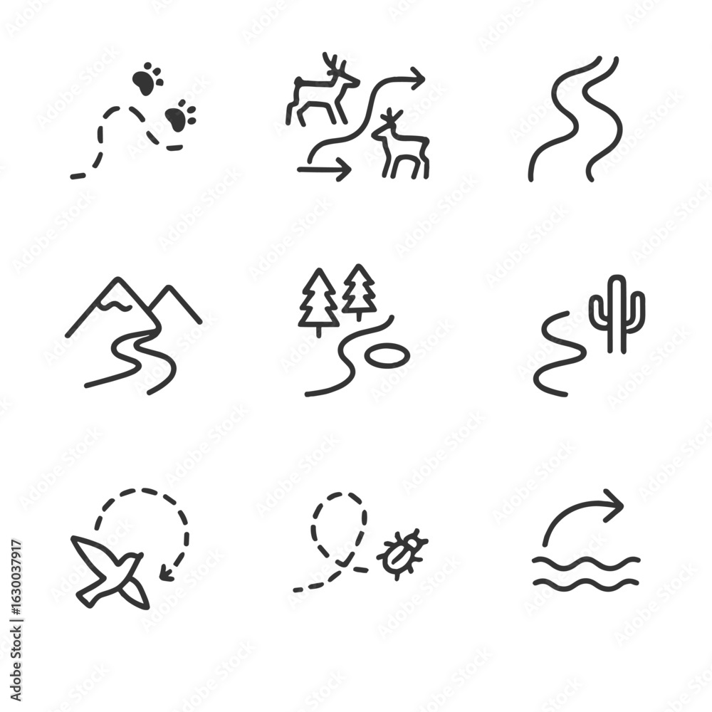 Naklejka premium Nature Path Icons. Outline icon set of nature and wildlife paths: animal trail, migration route, river flow, mountain pass, forest