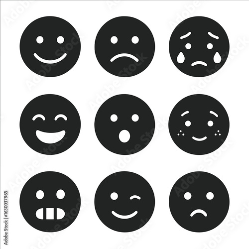 Facial Expression Icons. Solid, filled icons set of facial expressions: smile, frown, tears, laughter, shock,