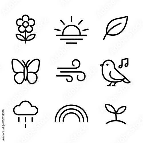 Nature Positivity Icons. Outline icon set of positivity in nature: blooming flower, sunrise icon, floating leaf, butterfly icon,