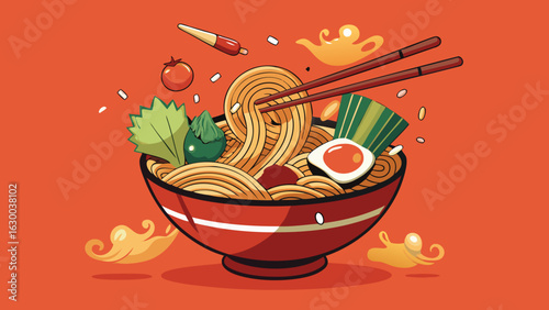 Illustration of a bowl of ramen with chopsticks and various toppings on an orange background