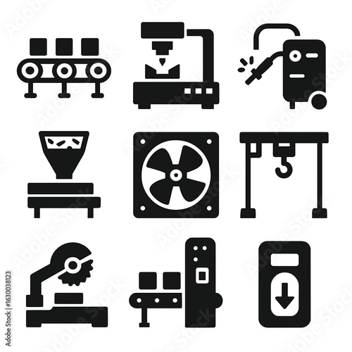 Factory Equipment Icon Set. Solid, filled icons set of factory floor equipment schematics: production line