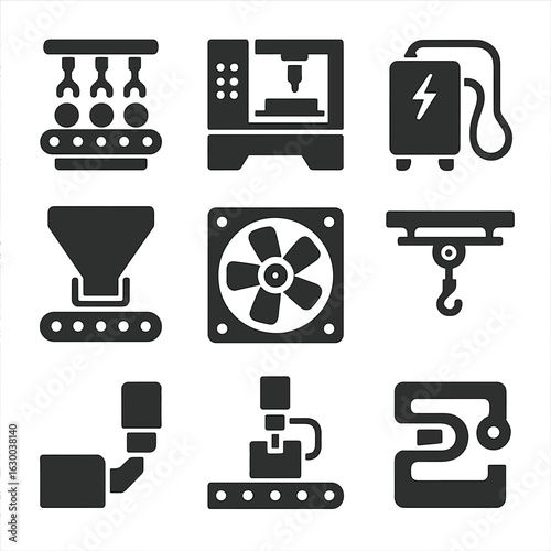 Factory Equipment Icon Set. Solid, filled icons set of factory floor equipment schematics: production line