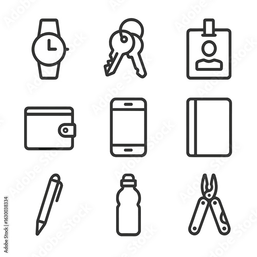 Duty Call Essentials Icons. Outline icon set of duty call personal items: watch, keys, ID badge, wallet, phone, notebook, pen,