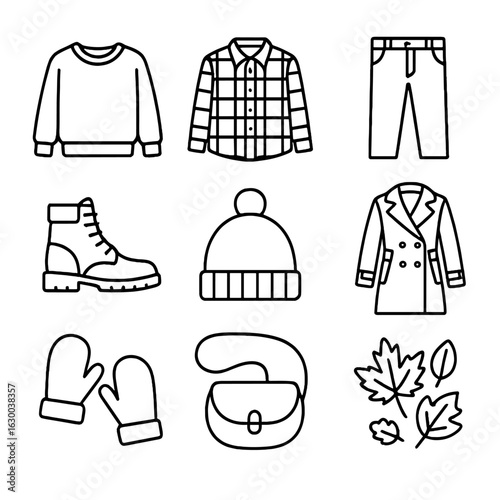 Fall Fashion Icons. Outline icon set of fall fashion layers: pullover sweater, plaid shirt, corduroy pants,