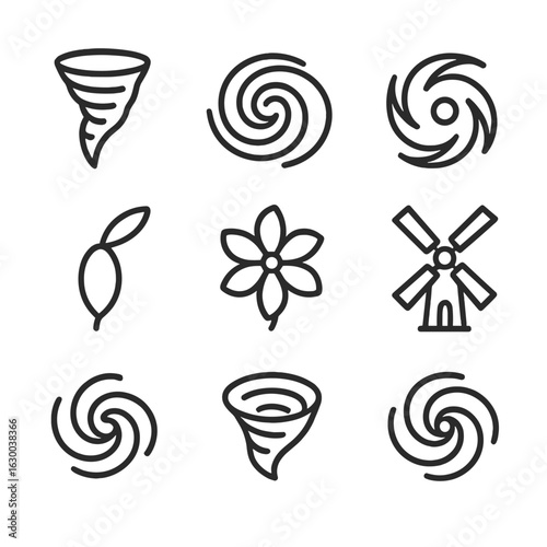 Nature's Spin Icons. Outline icon set of spin in nature: spinning tornado, swirling whirlpool, spinning hurricane, rotating galaxy