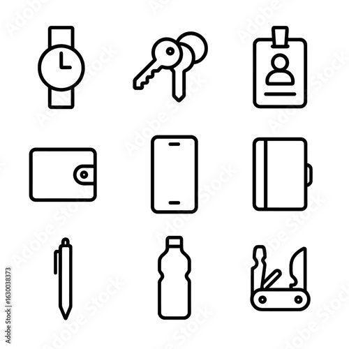Duty Call Essentials Icons. Outline icon set of duty call personal items: watch, keys, ID badge, wallet, phone, notebook, pen,