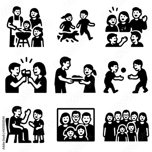 Family BBQ Icons. Solid, filled icons set of family and friends at BBQ: adults, kids, pets, laughter, clinking