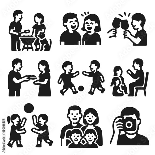 Family BBQ Icons. Solid, filled icons set of family and friends at BBQ: adults, kids, pets, laughter, clinking