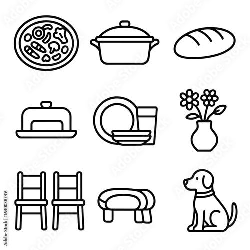 Family Dinner Icons. Outline icon set of weekend family dinner: roasted vegetables, casserole dish, bread loaf