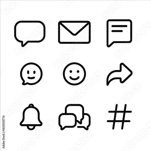 Net Culture Icons. Outline icon set of net culture communication: chat bubble, direct message, forum post, comment, reaction emoji