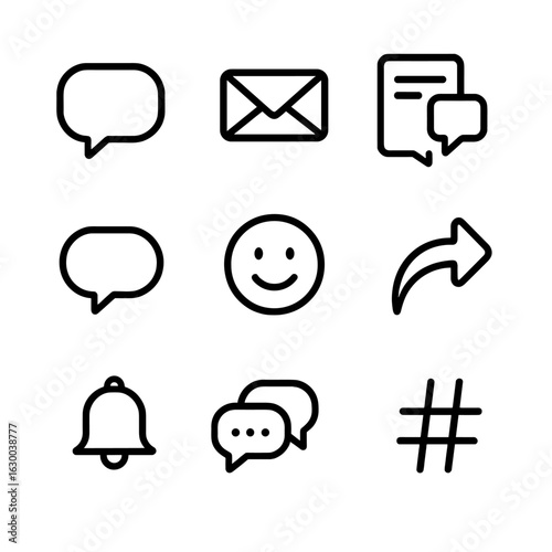 Net Culture Icons. Outline icon set of net culture communication: chat bubble, direct message, forum post, comment, reaction emoji