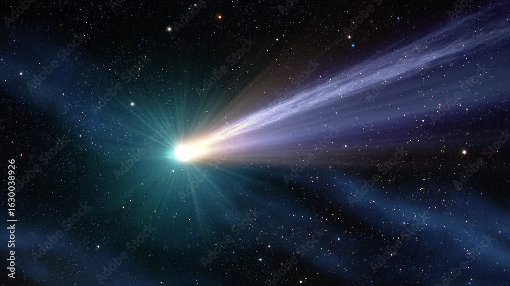 Obraz premium Comet against the background of the planets of the solar system. The bright nucleus of the comet radiates light. Behind the nucleus extends a long and bright tail consisting of gases and dust.