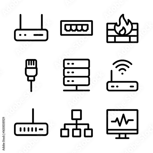 Network Icons Grid. Outline icon set of network deployment: router, switch, firewall, cable, server rack, Wi-Fi access point,