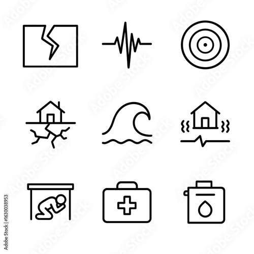 Earthquake Icon Set. Outline icon set of earthquake tremor indicators: fault line, seismic wave, earthquake epicenter, magnitude
