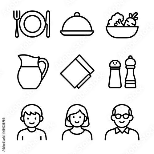 Family Mealtime Icons. Outline icon set of family mealtime: dinner plates, cutlery set, serving platter,