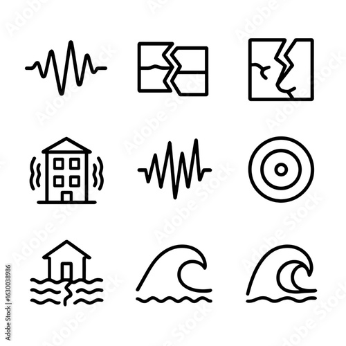 Earthquake Icon Set. Outline icon set of earthquake phenomena: seismic waves, fault line, cracked ground, shaking building, tremor