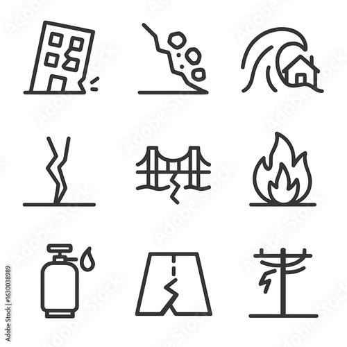 Earthquake Effects Icons. Outline icon set of earthquake effects: building collapse, landslide, tsunami wave, ground fissure,