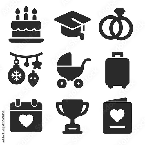 Family Milestones Icons. Solid, filled icons set of documenting family milestones: birthday cake, graduation