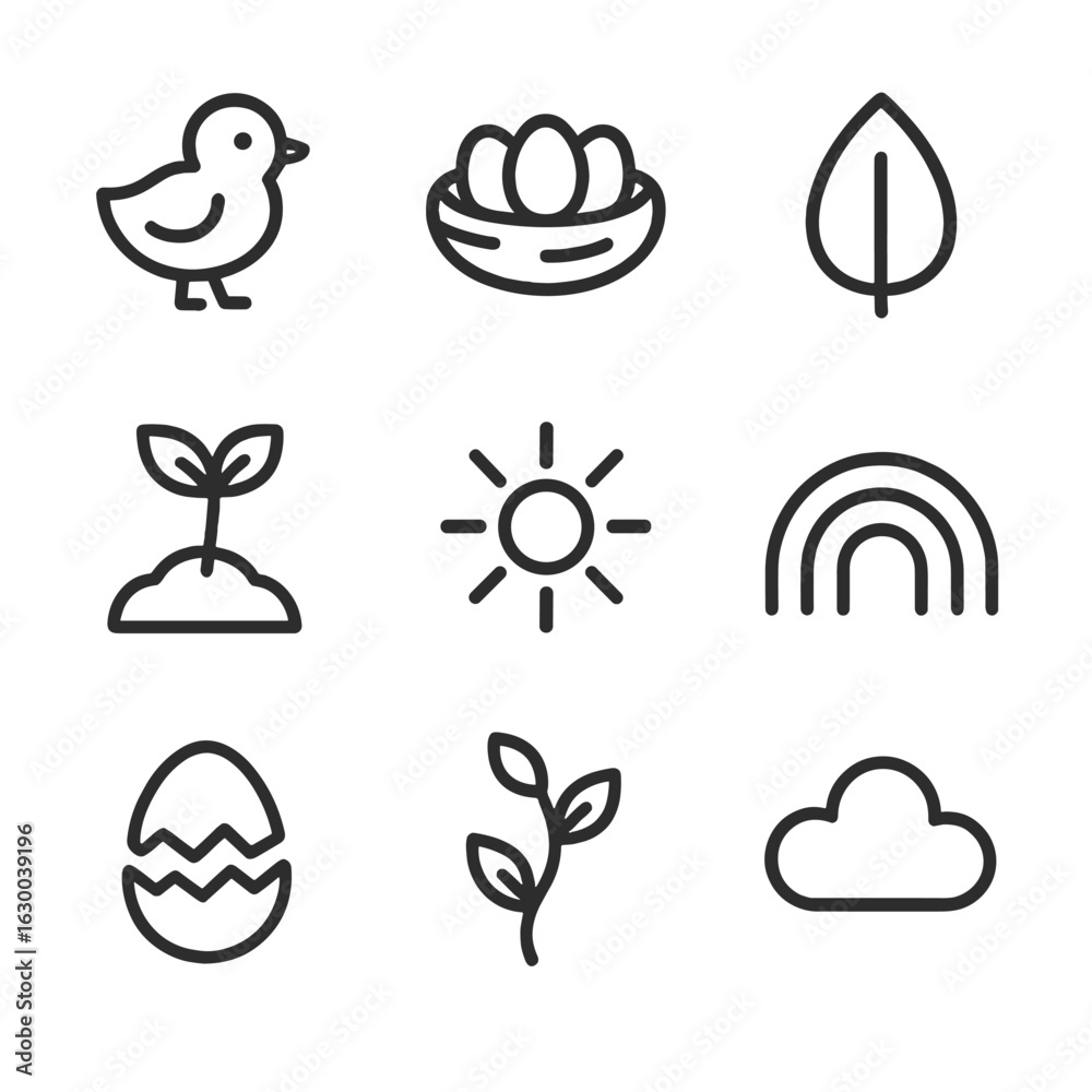 Fototapeta premium New Life Icons. Outline icon set of new life: baby chick, nest, seed pod, baby plant, sunburst, rainbow, egg shell, growing vine,