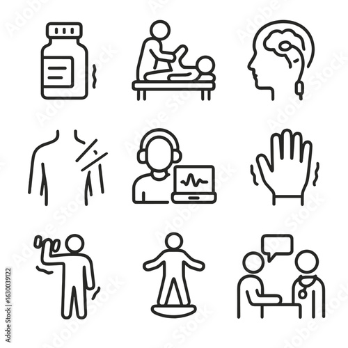 Neurological Tremor Treatments. Outline icon set of neurological tremor treatment: medication bottle, physiotherapy, deep brain