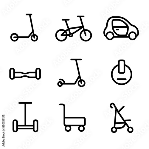 Compact Transport Icons. Outline icon set of compact transport: electric scooter, folding bike, microcar, hoverboard, kick scooter