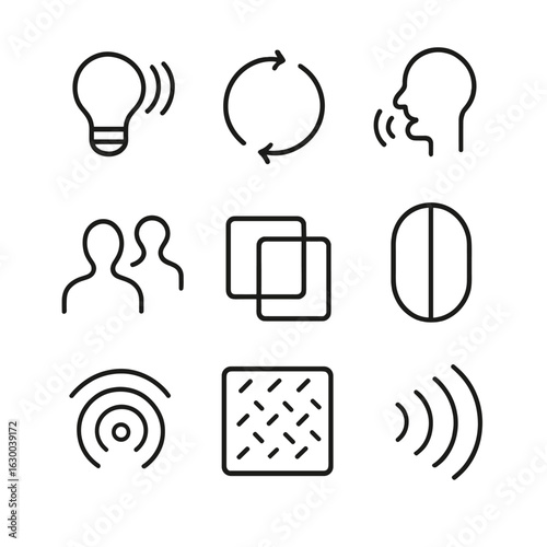 Echo Icon Set. Outline icon set of echo in metaphors and concepts: repeated idea, feedback loop, reflection, shadow, duplicate,